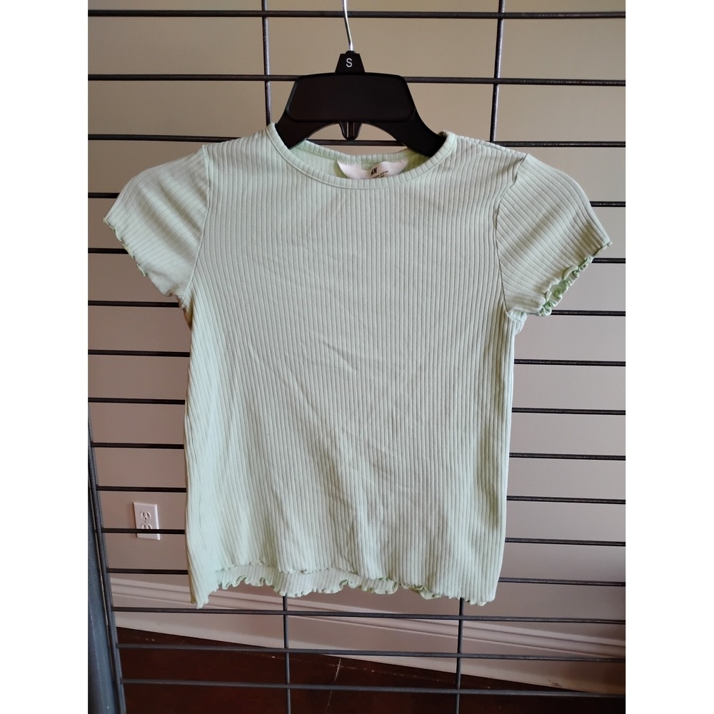 HM Girlsβ Mint Green Ribbed Short Sleeve Lettuce Edge Top Size 8-10Y